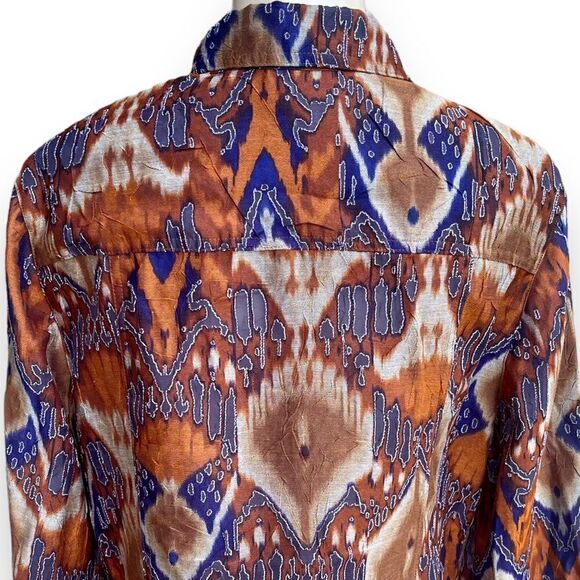 Ruby Rd Mesh Cutout Feather Ikat  Shell Button Flap Pocket Tab Sleeve Blouse - Picture 9 of 16